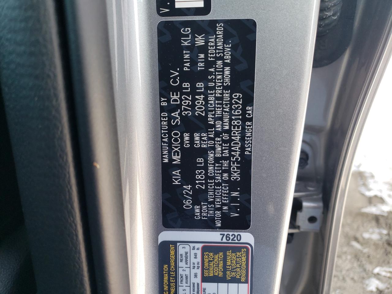 2024 KIA FORTE GT LINE VIN:3KPF54AD4RE816329