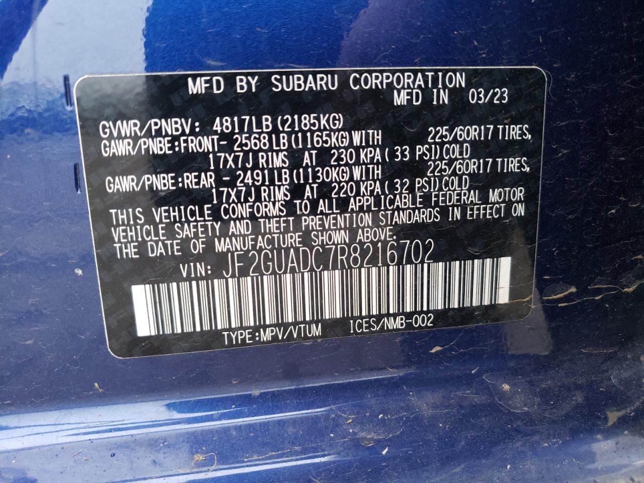 2024 SUBARU CROSSTREK PREMIUM VIN:JF2GUADC7R8216702