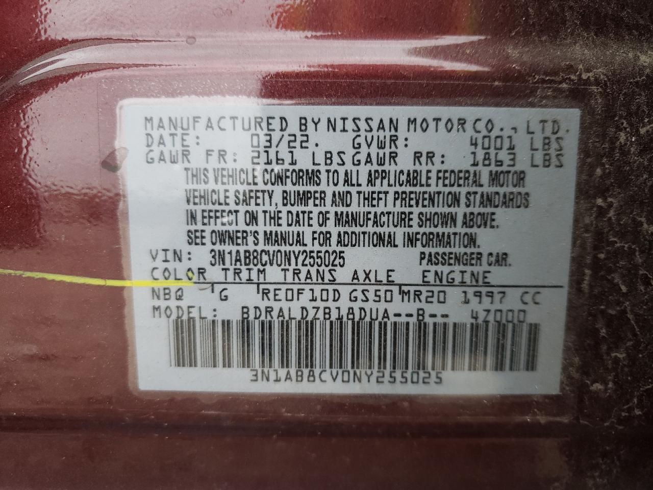 2022 NISSAN SENTRA SV VIN:3N1AB8CV0NY255025