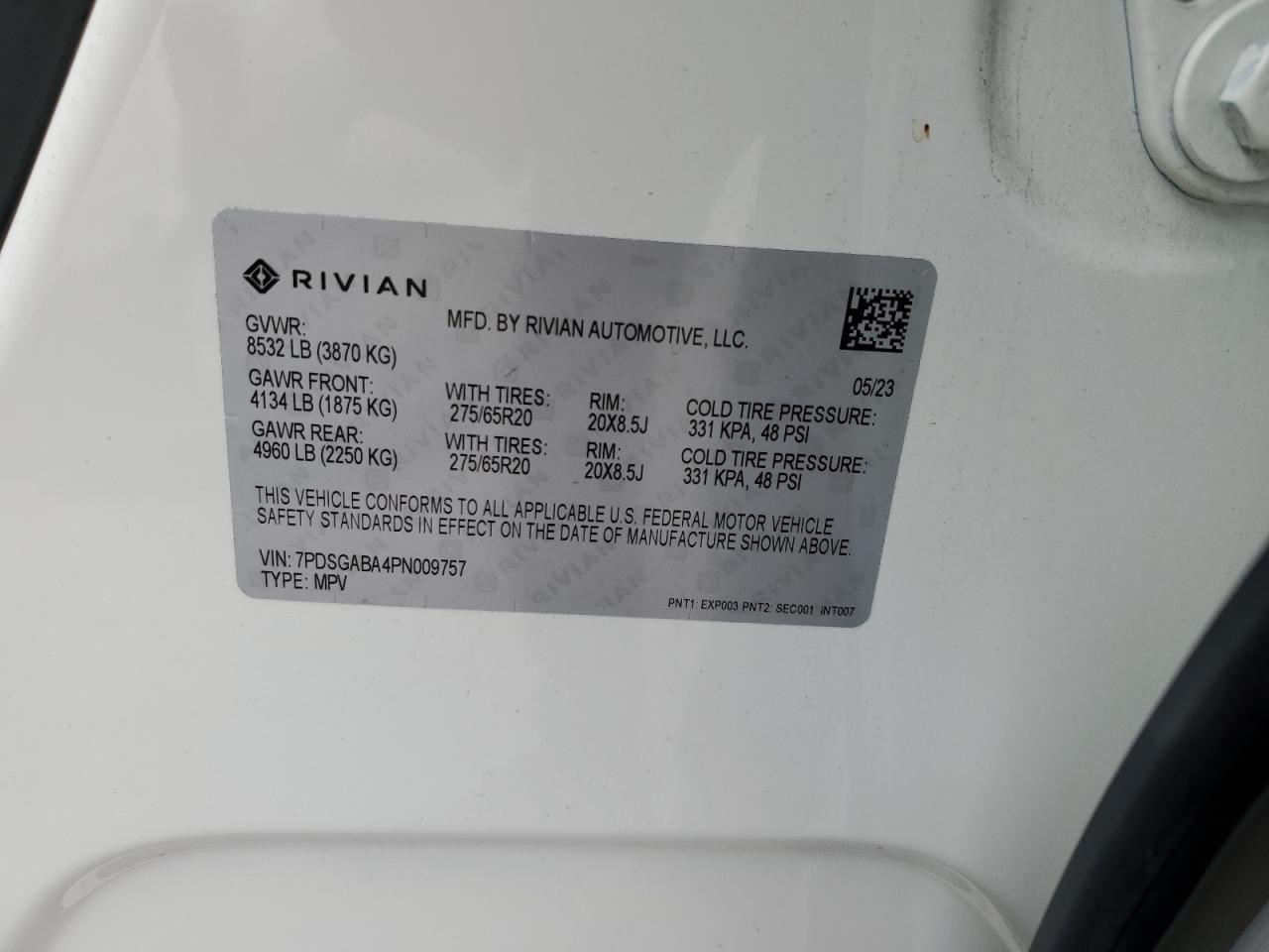 2023 RIVIAN R1S ADVENTURE VIN:7PDSGABA4PN009757