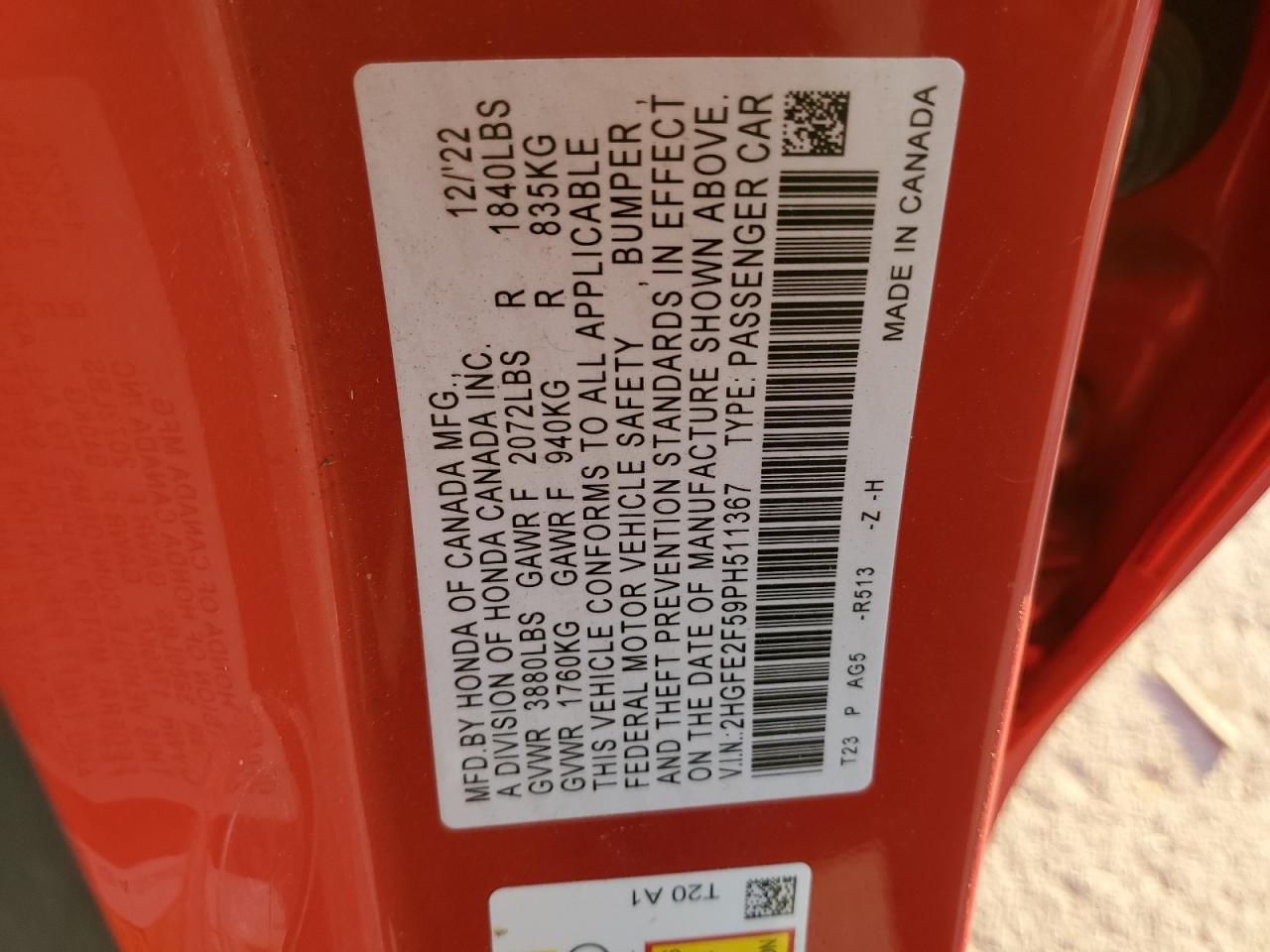 2023 HONDA CIVIC SPORT VIN:2HGFE2F59PH511367