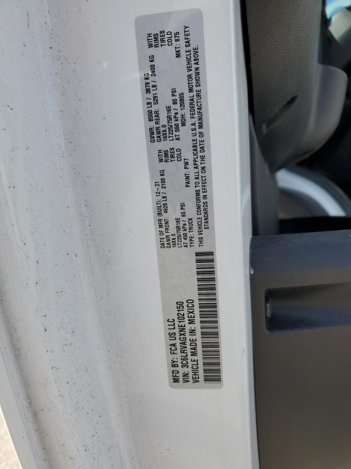 2022 RAM PROMASTER 1500 1500 STANDARD VIN:3C6LRVAGXNE102150