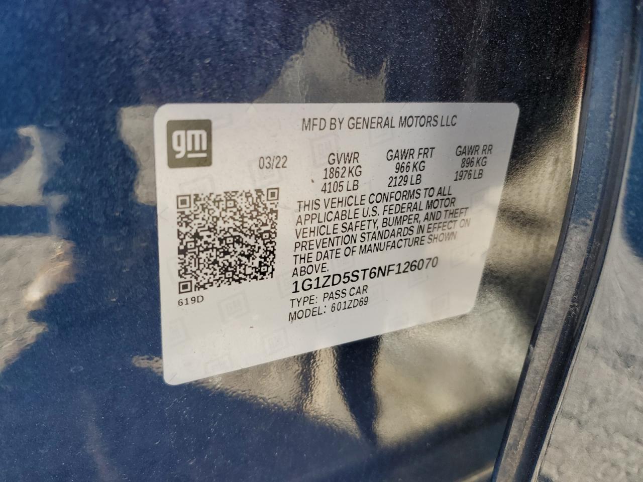 2022 CHEVROLET MALIBU LT VIN:1G1ZD5ST6NF126070