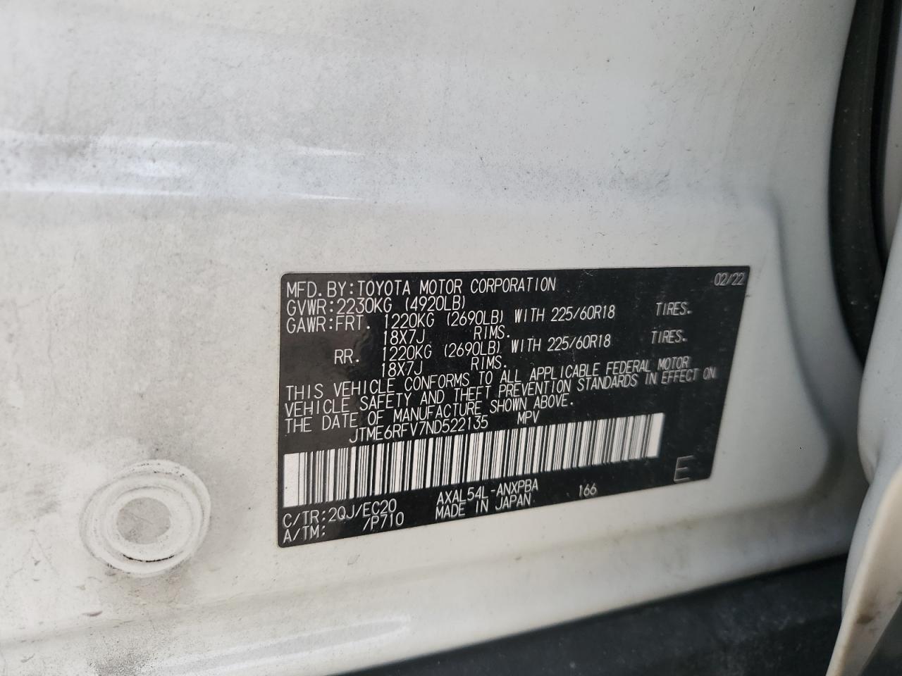 2022 TOYOTA RAV4 XSE VIN:JTME6RFV7ND522135