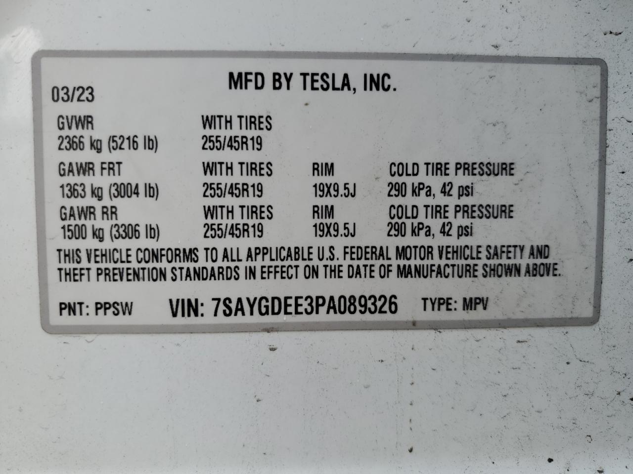 2023 TESLA MODEL Y  VIN:7SAYGDEE3PA089326