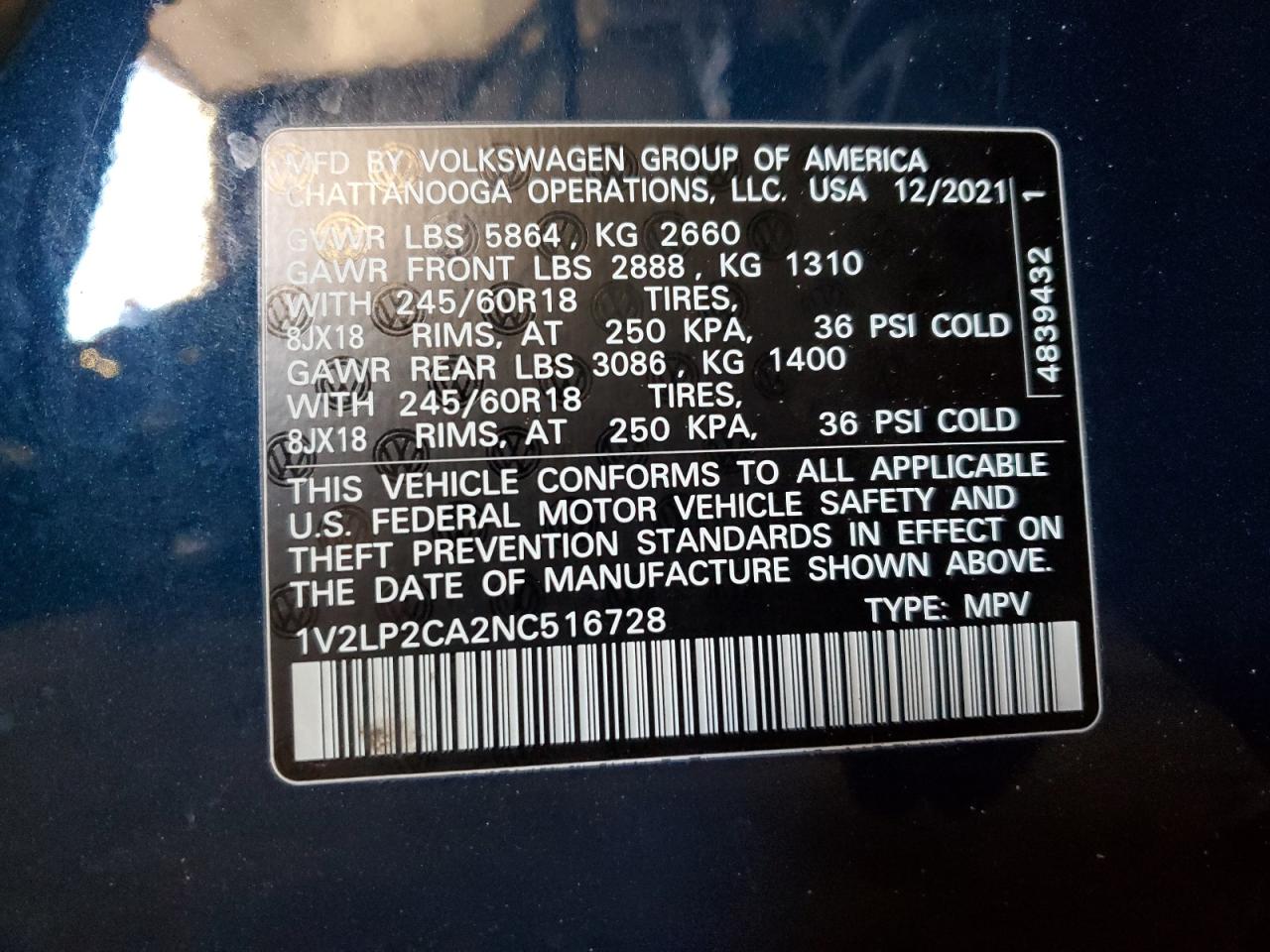 2022 VOLKSWAGEN ATLAS SE VIN:1V2LP2CA2NC516728