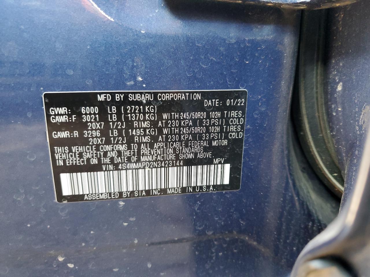 2022 SUBARU ASCENT LIMITED VIN:4S4WMAPD2N3423144