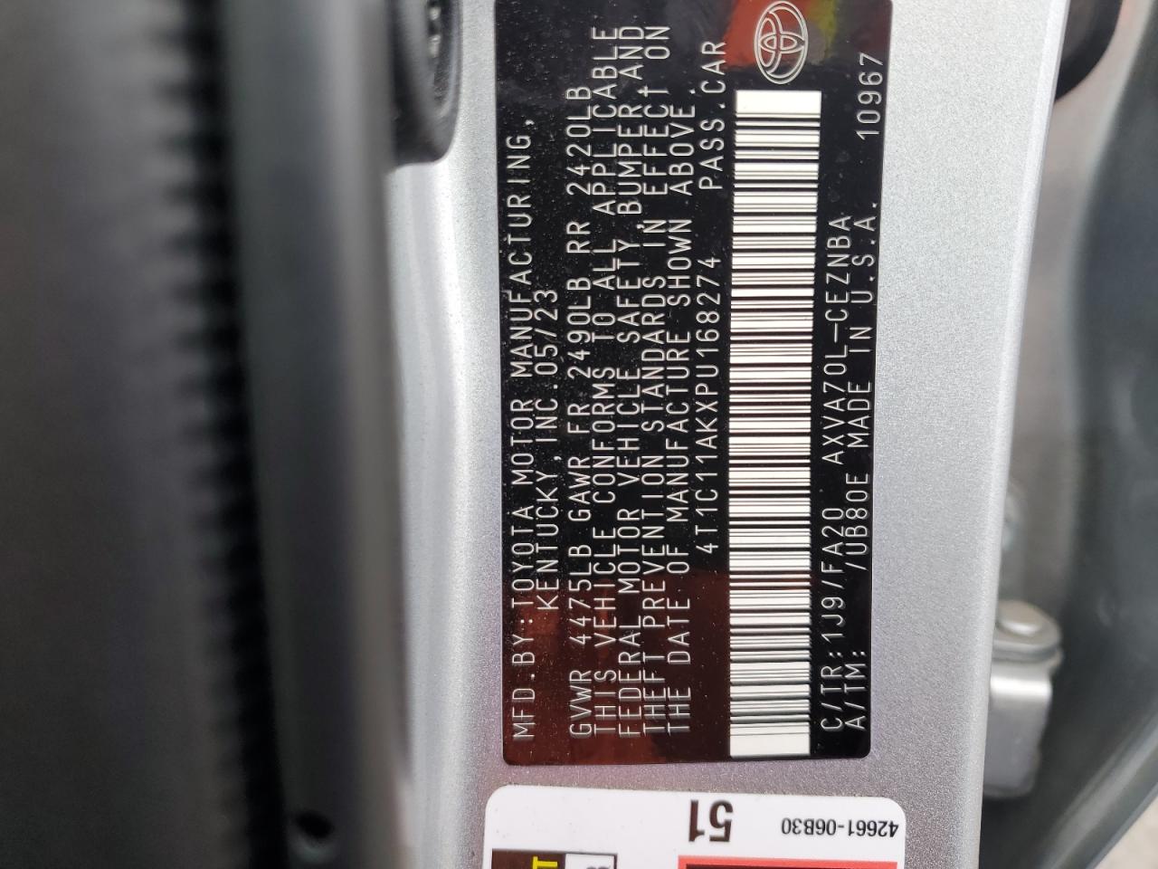 2023 TOYOTA CAMRY LE VIN:4T1C11AKXPU168274