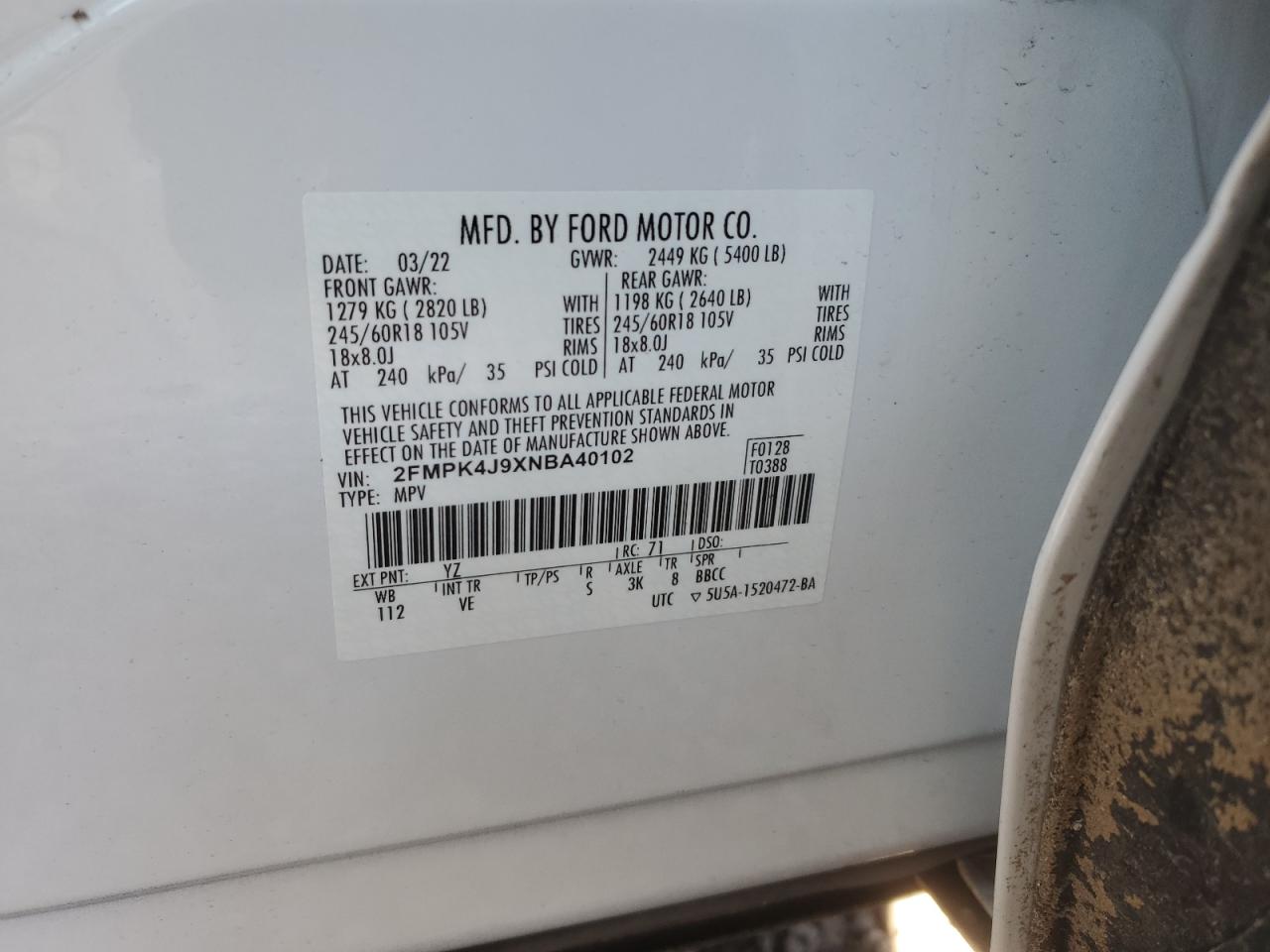 2022 FORD EDGE SEL VIN:2FMPK4J9XNBA40102