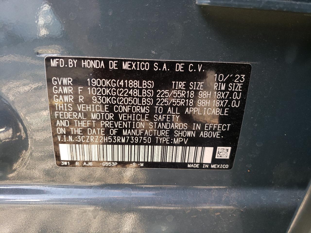 2024 HONDA HR-V SPORT VIN:3CZRZ2H53RM739750