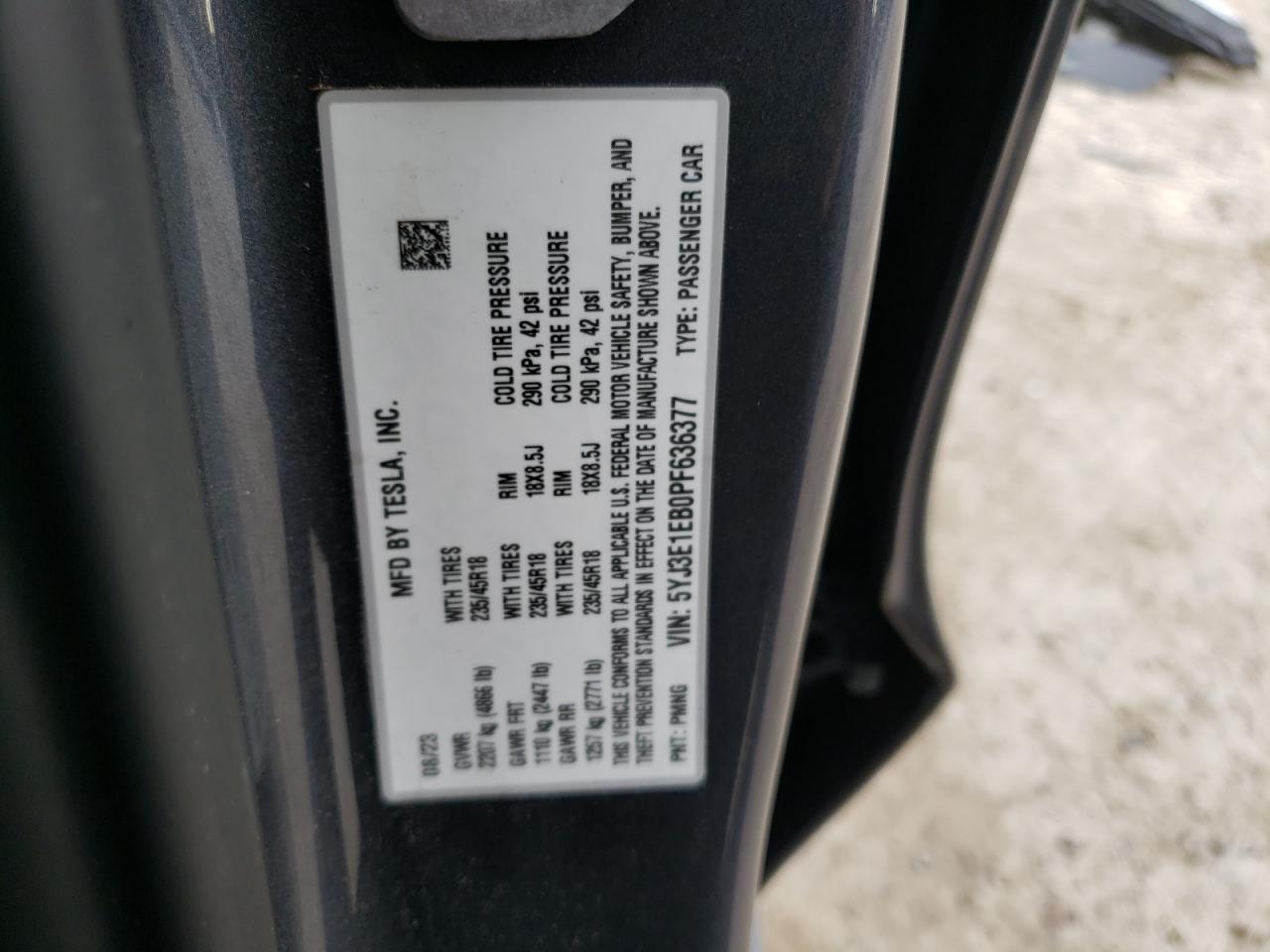 2023 TESLA MODEL 3  VIN:5YJ3E1EB0PF636377