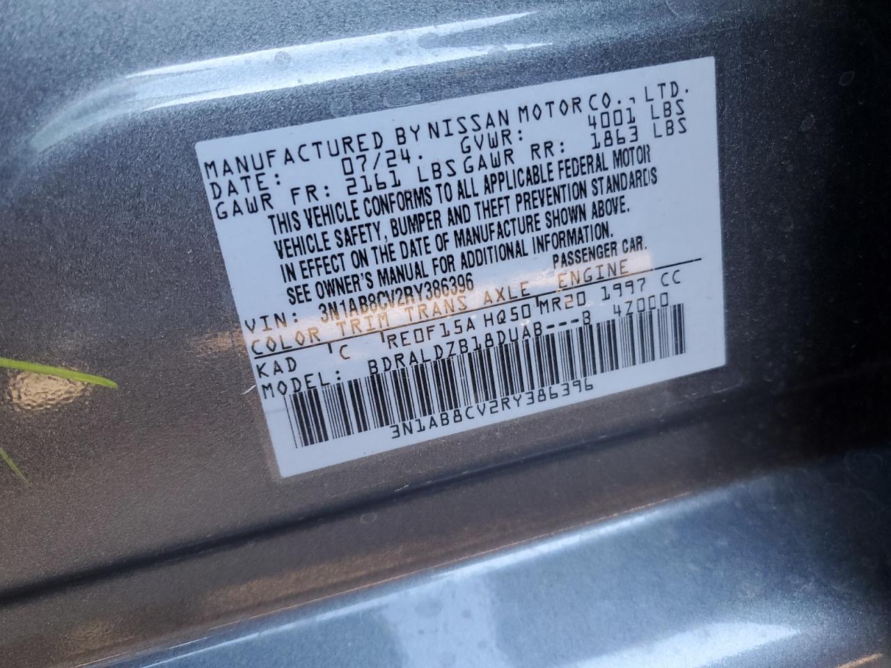 2024 NISSAN SENTRA SV VIN:3N1AB8CV2RY386396