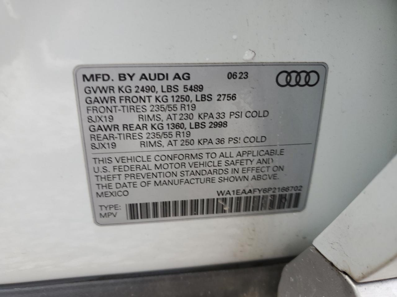 2023 AUDI Q5 PREMIUM PLUS 45 VIN:WA1EAAFY6P2166702