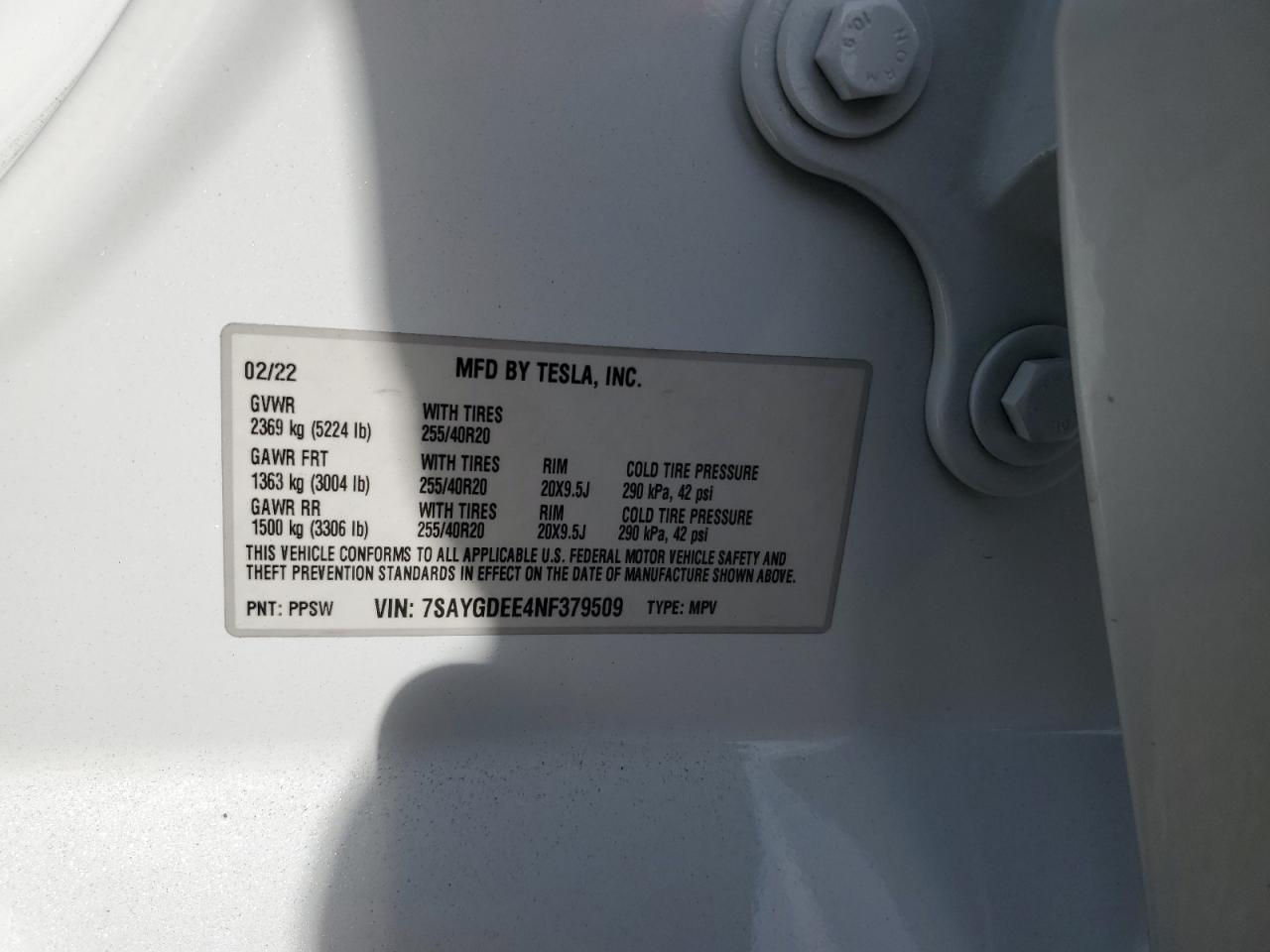 2022 TESLA MODEL Y  VIN:7SAYGDEE4NF379509