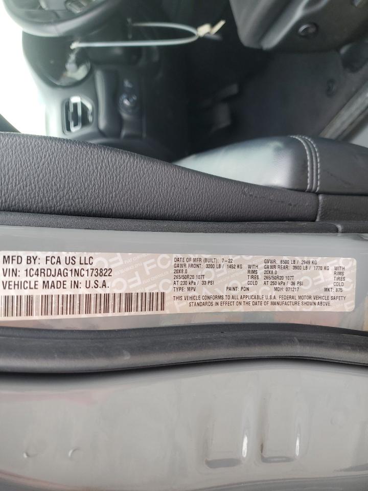 2022 DODGE DURANGO SXT VIN:1C4RDJAG1NC173822