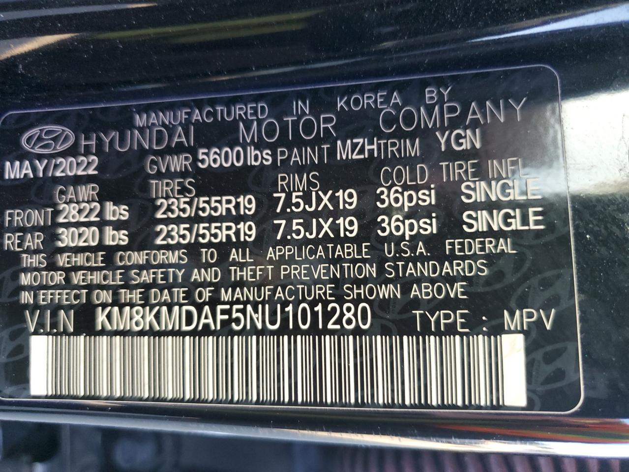 2022 HYUNDAI IONIQ 5 SE VIN:KM8KMDAF5NU101280