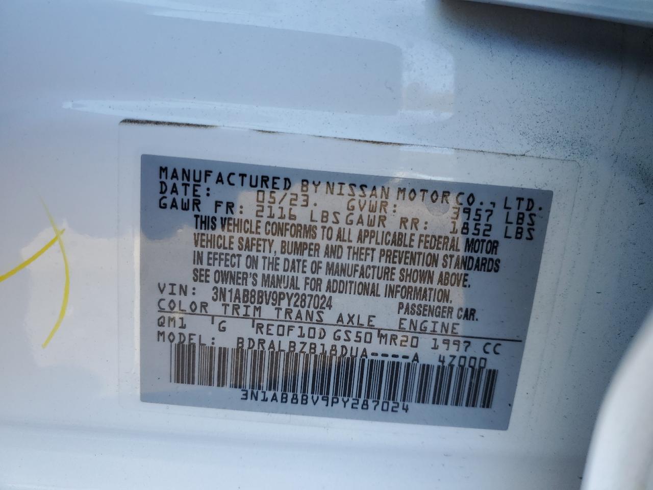 2023 NISSAN SENTRA S VIN:3N1AB8BV9PY287024