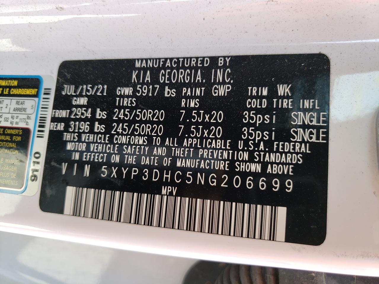 2022 KIA TELLURIDE EX VIN:5XYP3DHC5NG206699