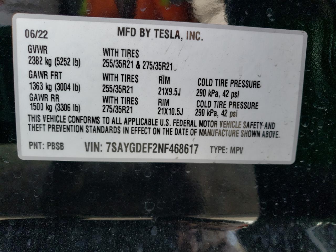 2022 TESLA MODEL Y  VIN:7SAYGDEF2NF468617