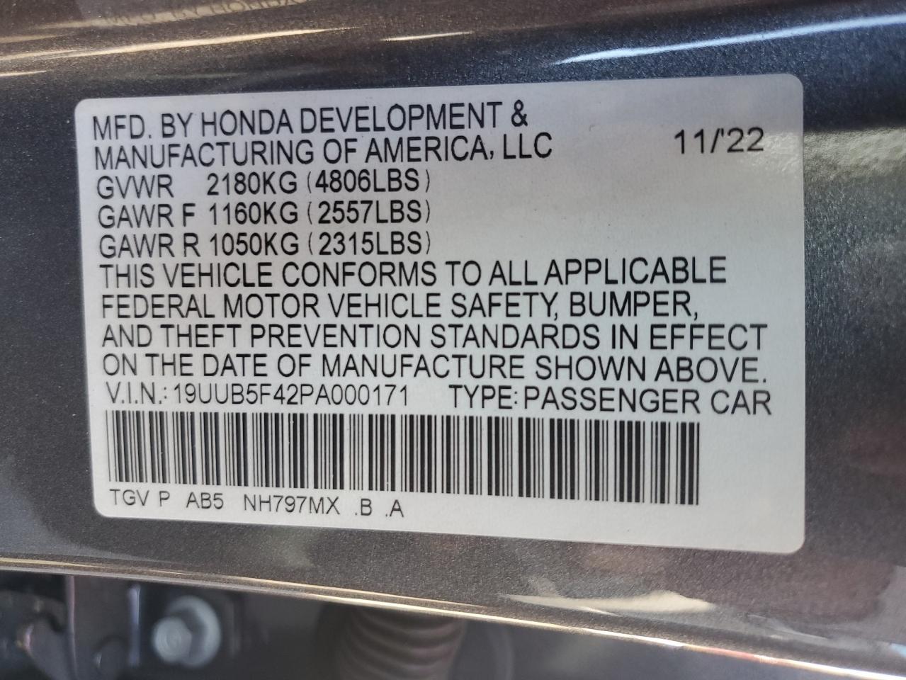 2023 ACURA TLX TECHNOLOGY VIN:19UUB5F42PA000171