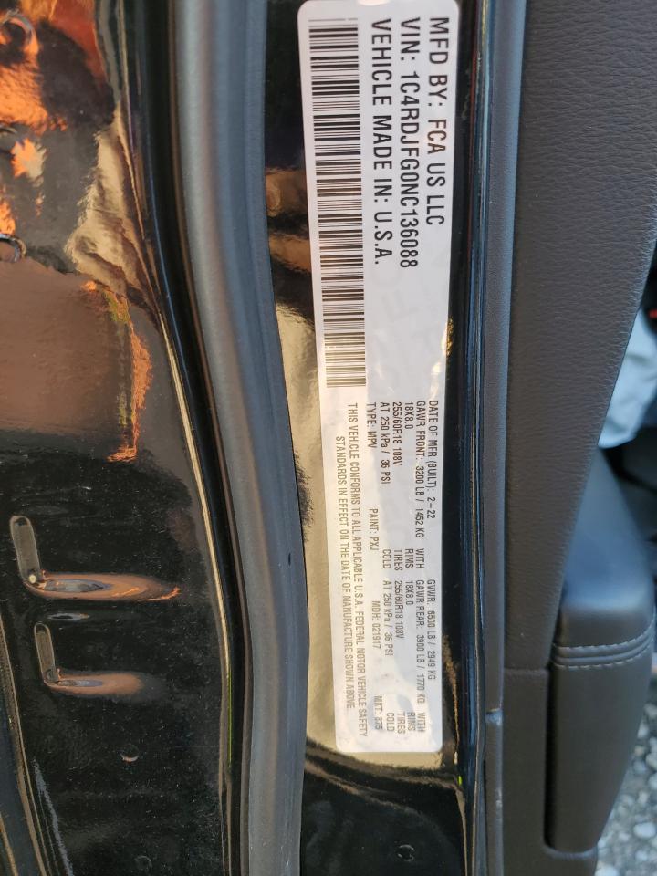 2022 DODGE DURANGO PURSUIT VIN:1C4RDJFG0NC136088