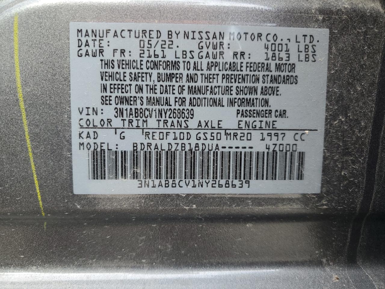 2022 NISSAN SENTRA SV VIN:3N1AB8CV1NY268639