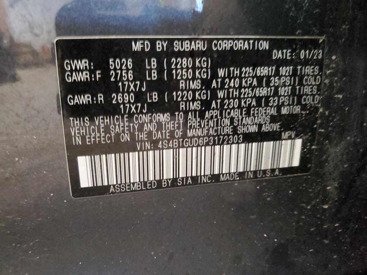 2023 SUBARU OUTBACK WILDERNESS VIN:4S4BTGUD6P3172303