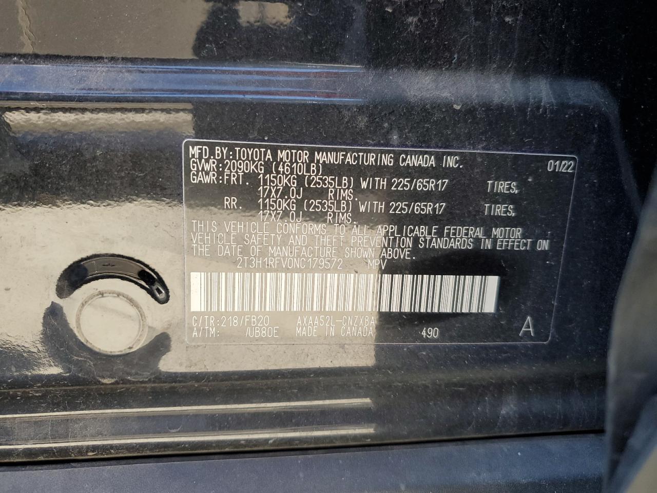 2022 TOYOTA RAV4 LE VIN:2T3H1RFV0NC179572