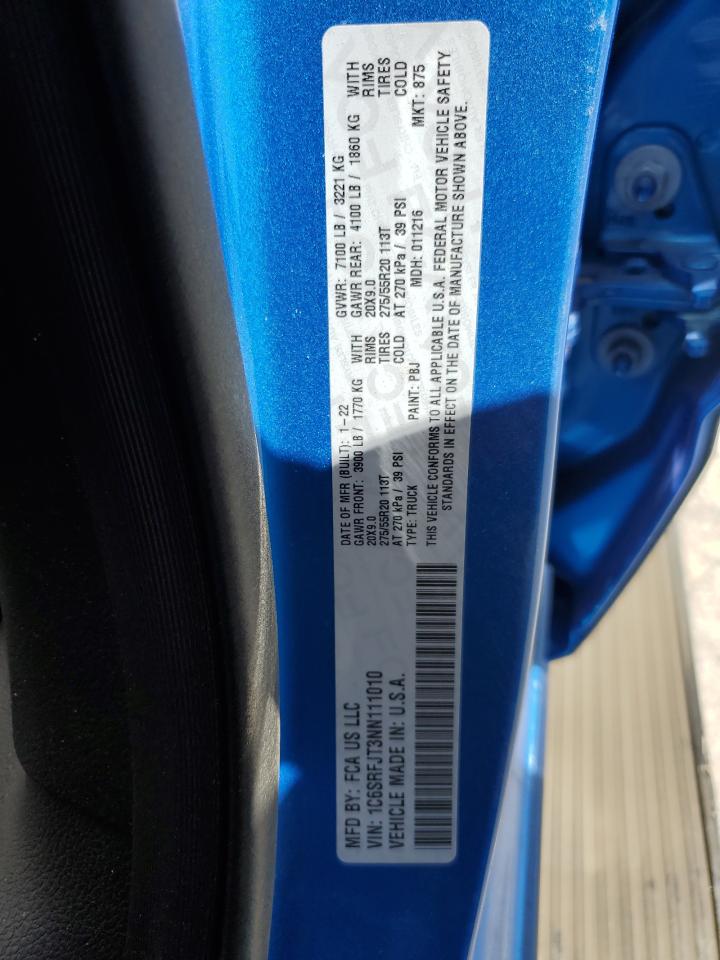 2022 RAM 1500 LARAMIE VIN:1C6SRFJT3NN111010