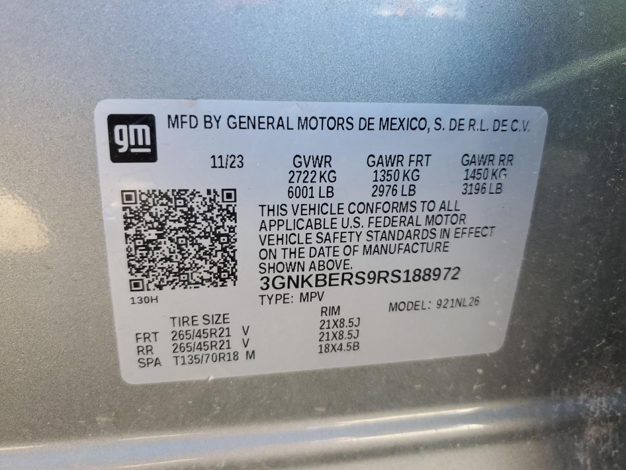 2024 CHEVROLET BLAZER RS VIN:3GNKBERS9RS188972