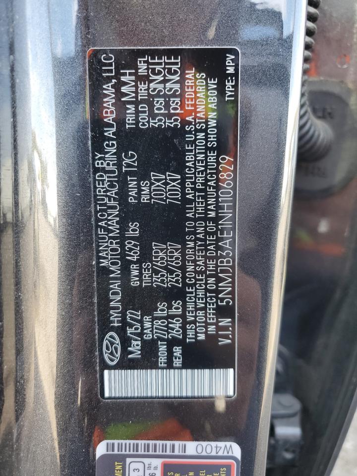 2022 HYUNDAI TUCSON SEL VIN:5NMJB3AE1NH106829