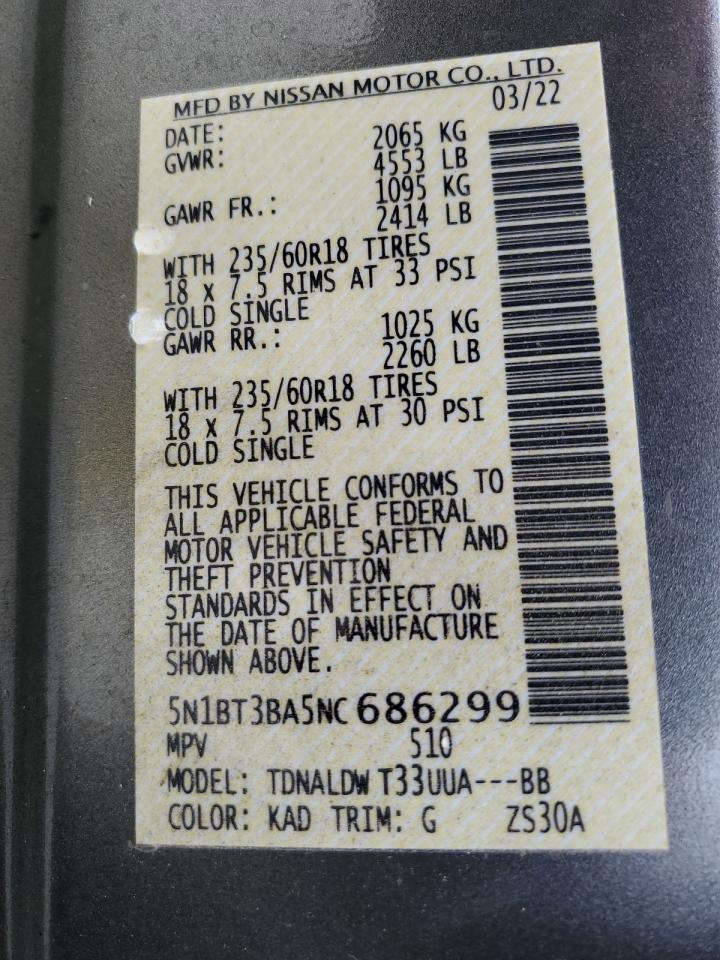 2022 NISSAN ROGUE SV VIN:5N1BT3BA5NC686299