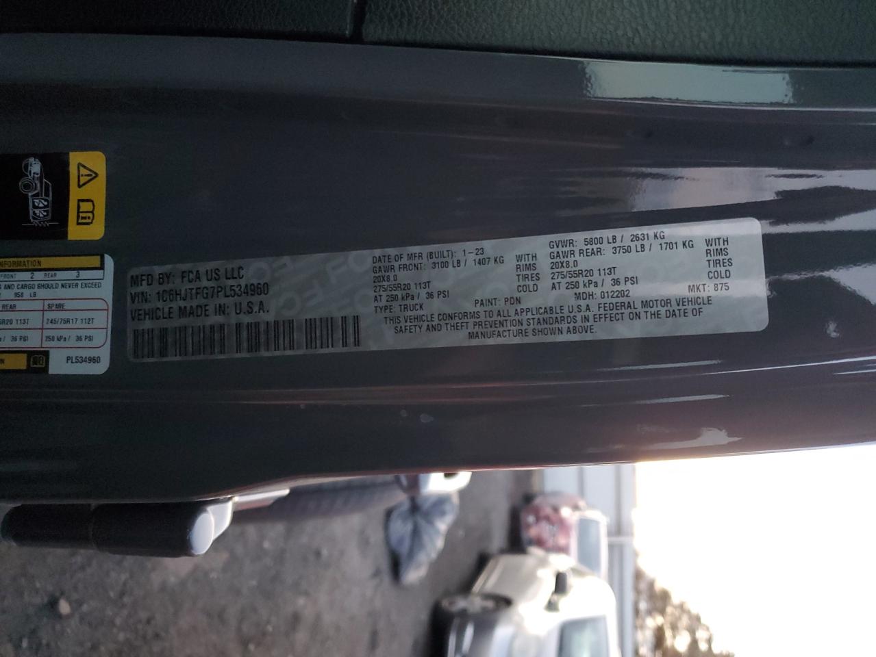 2023 JEEP GLADIATOR OVERLAND VIN:1C6HJTFG7PL534960