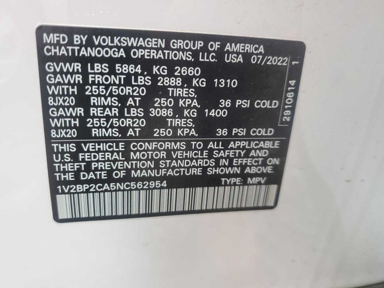 2022 VOLKSWAGEN ATLAS SEL VIN:1V2BP2CA5NC562954
