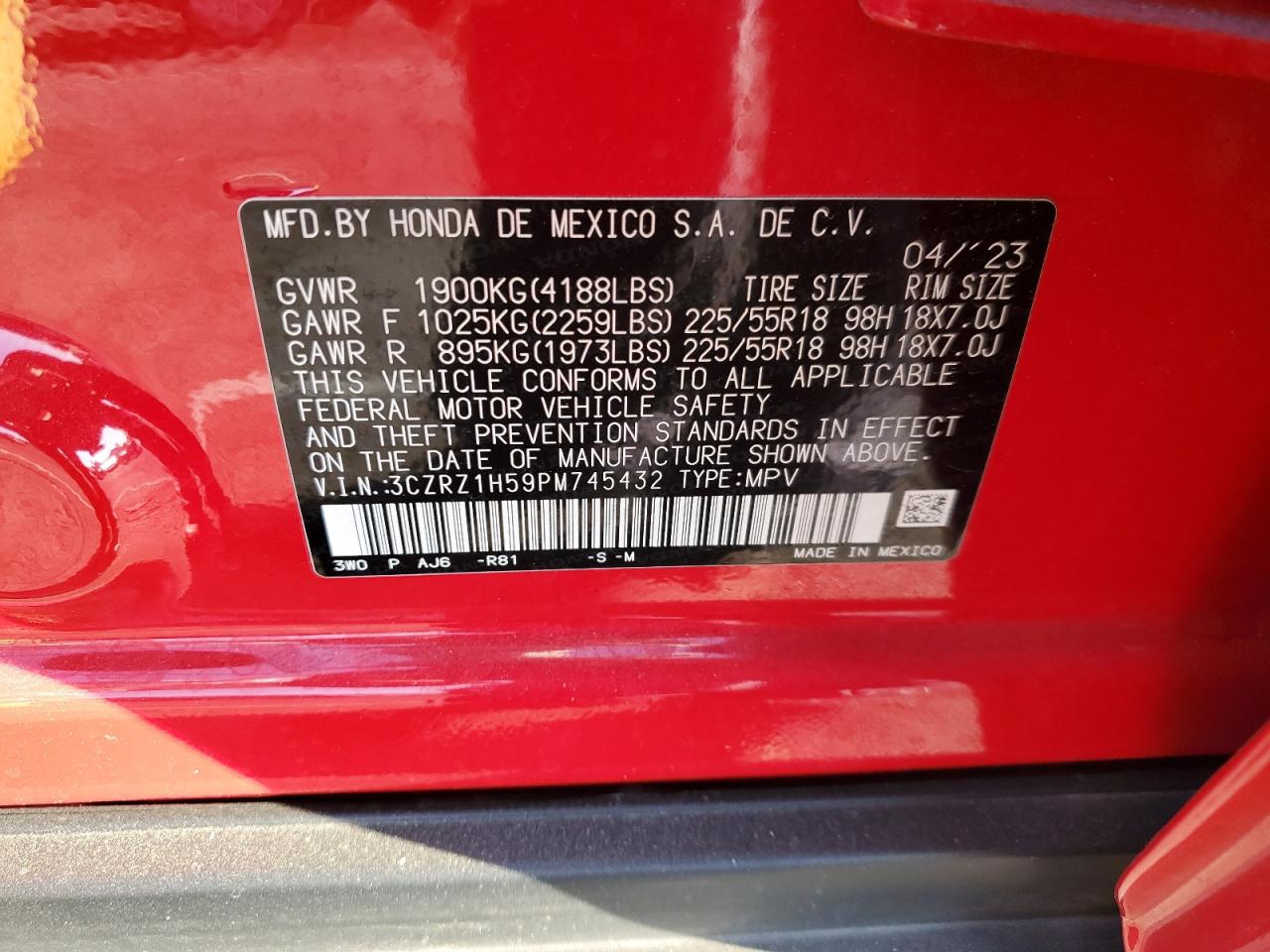 2023 HONDA HR-V SPORT VIN:3CZRZ1H59PM745432