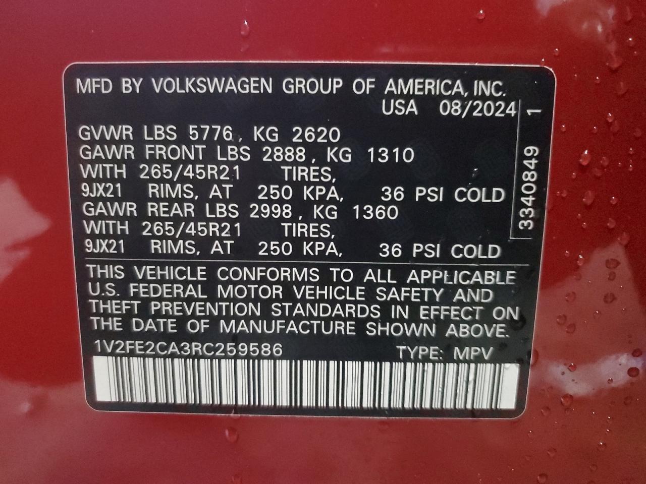 2024 VOLKSWAGEN ATLAS CROSS SPORT SEL PREMIUM R-LINE VIN:1V2FE2CA3RC259586