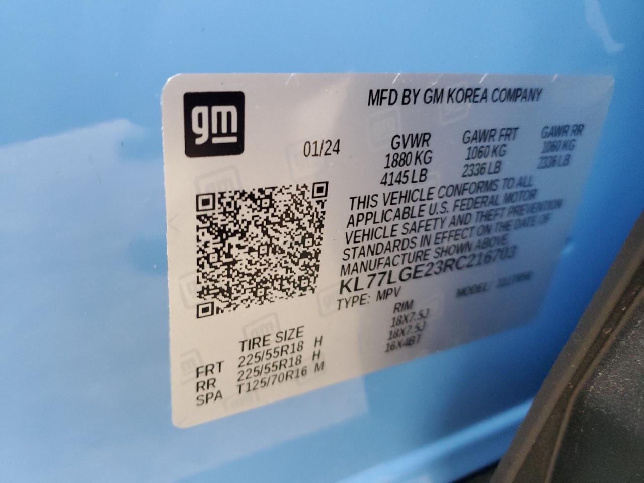 2024 CHEVROLET TRAX 1RS VIN:KL77LGE23RC216703