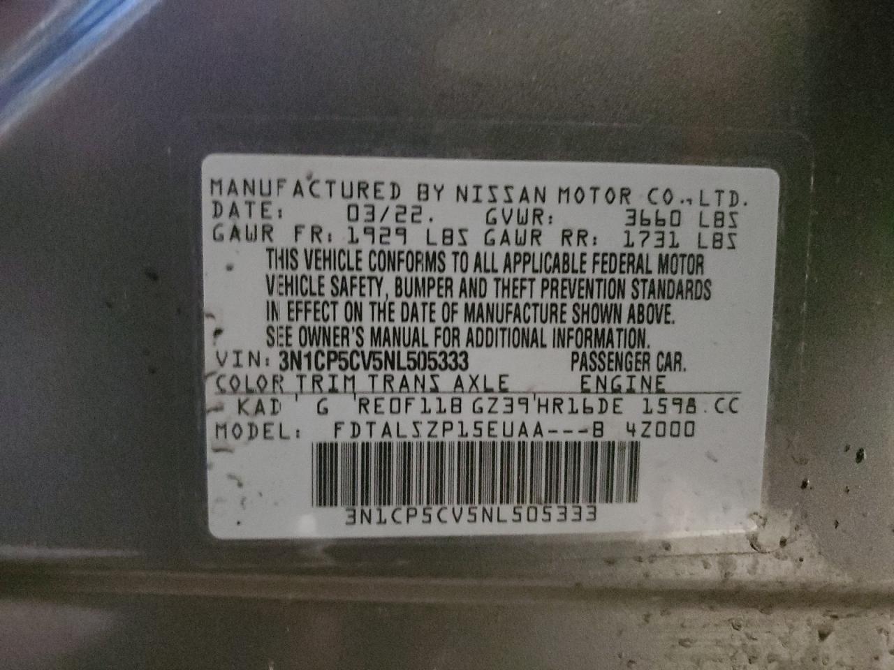 2022 NISSAN KICKS SV VIN:3N1CP5CV5NL505333