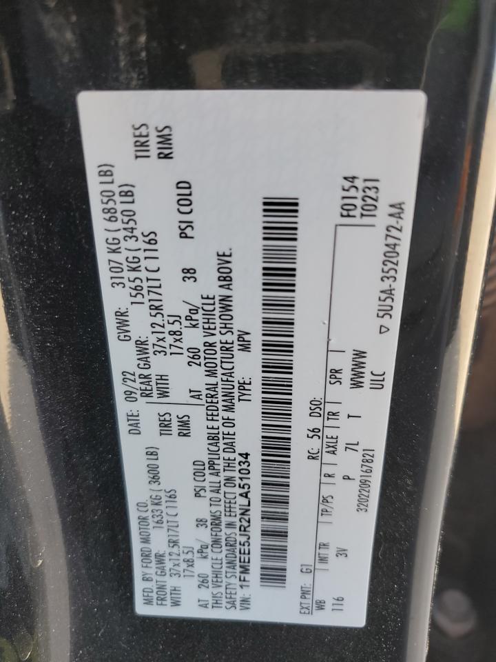2022 FORD BRONCO RAPTOR VIN:1FMEE5JR2NLA51034