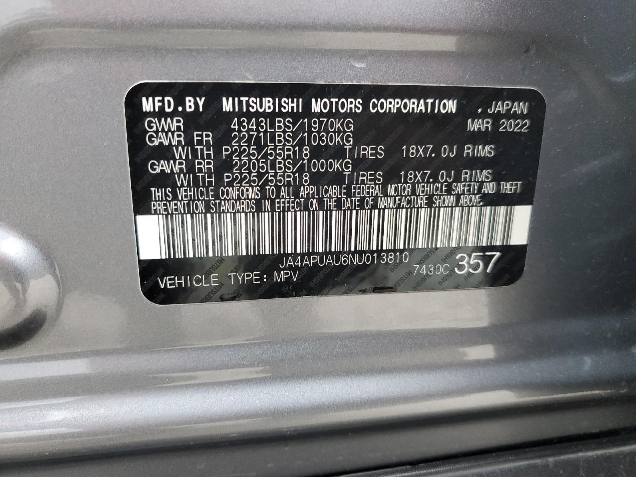 2022 MITSUBISHI OUTLANDER SPORT ES VIN:JA4APUAU6NU013810