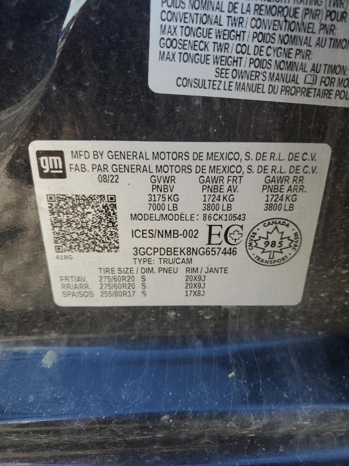 2022 CHEVROLET SILVERADO K1500 CUSTOM VIN:3GCPDBEK8NG657446