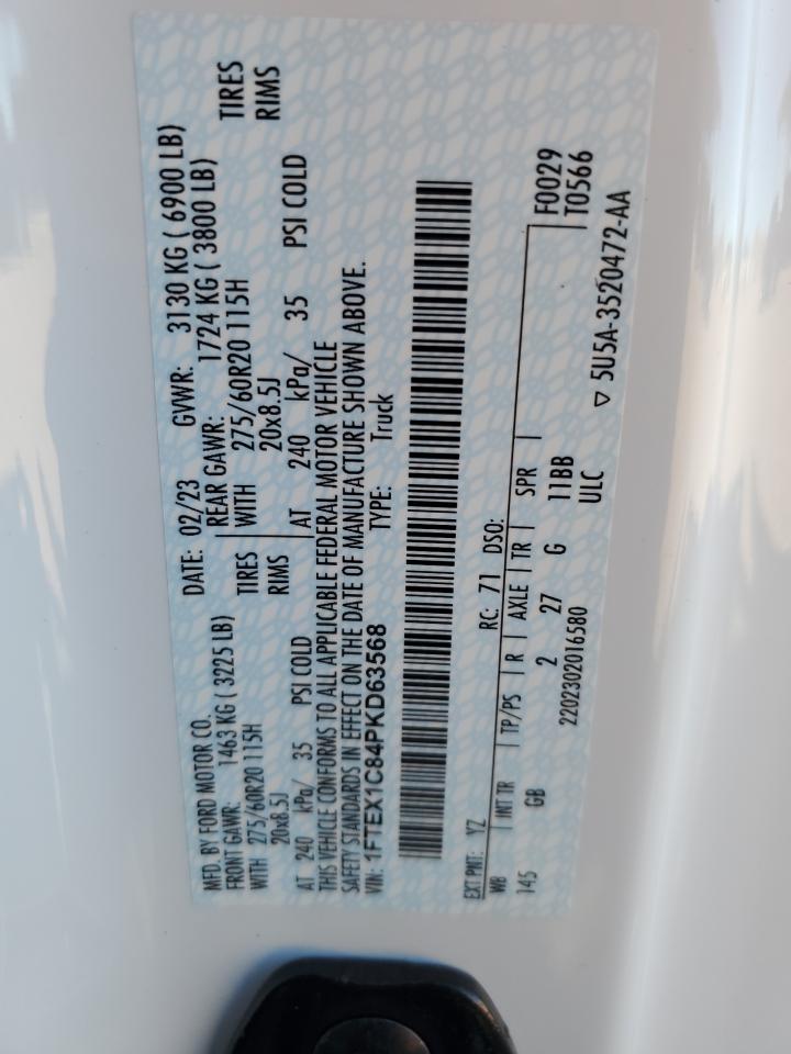 2023 FORD F150 SUPER CAB VIN:1FTEX1C84PKD63568