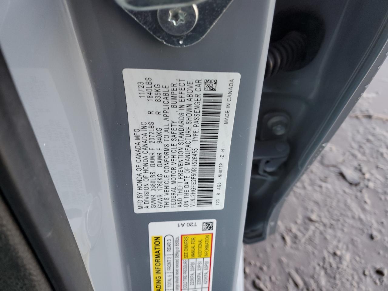 2024 HONDA CIVIC SPORT VIN:2HGFE2F50RH526455