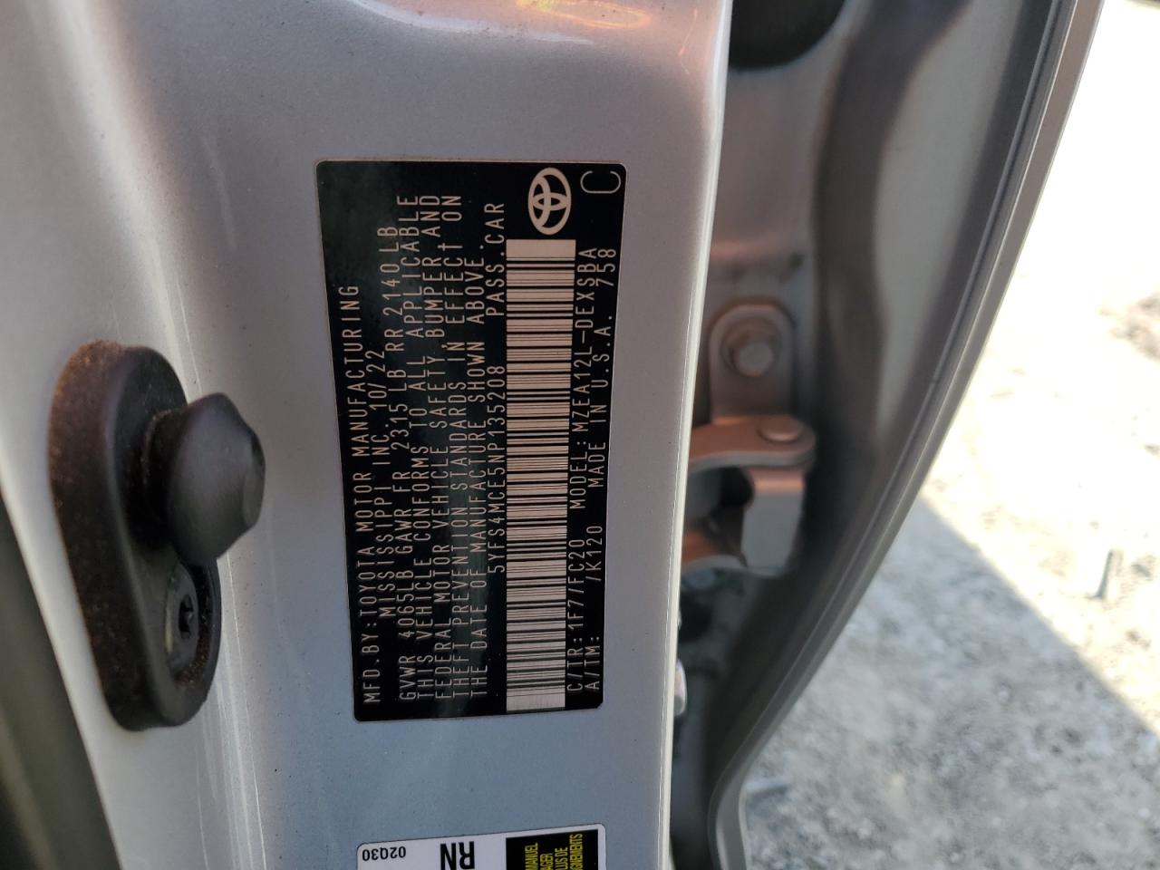2022 TOYOTA COROLLA SE VIN:5YFS4MCE5NP135208