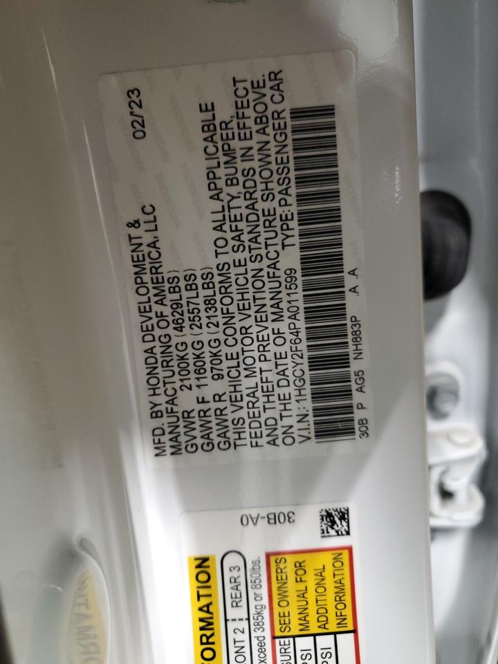 2023 HONDA ACCORD HYBRID EXL VIN:1HGCY2F64PA011599