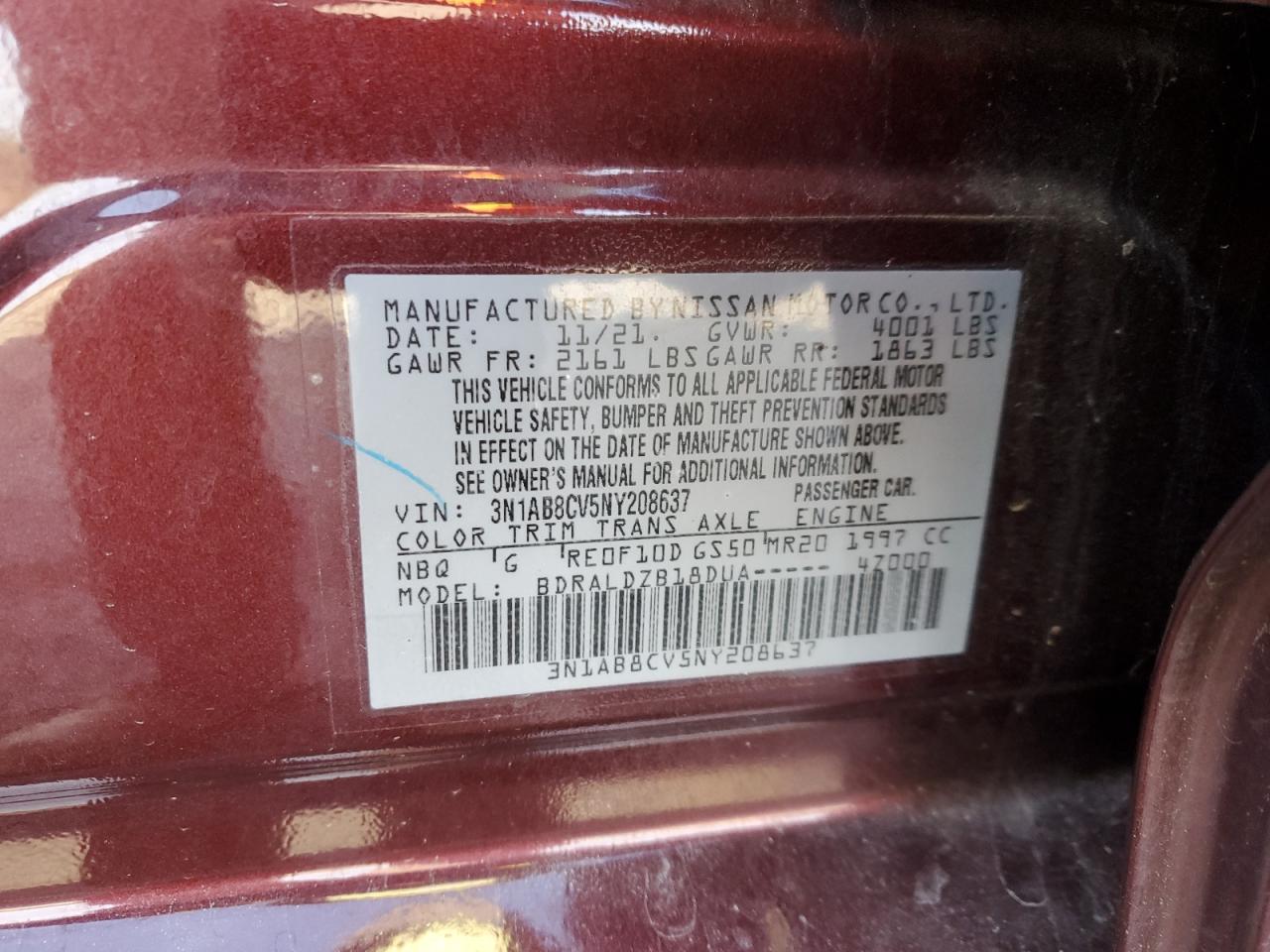 2022 NISSAN SENTRA SV VIN:3N1AB8CV5NY208637