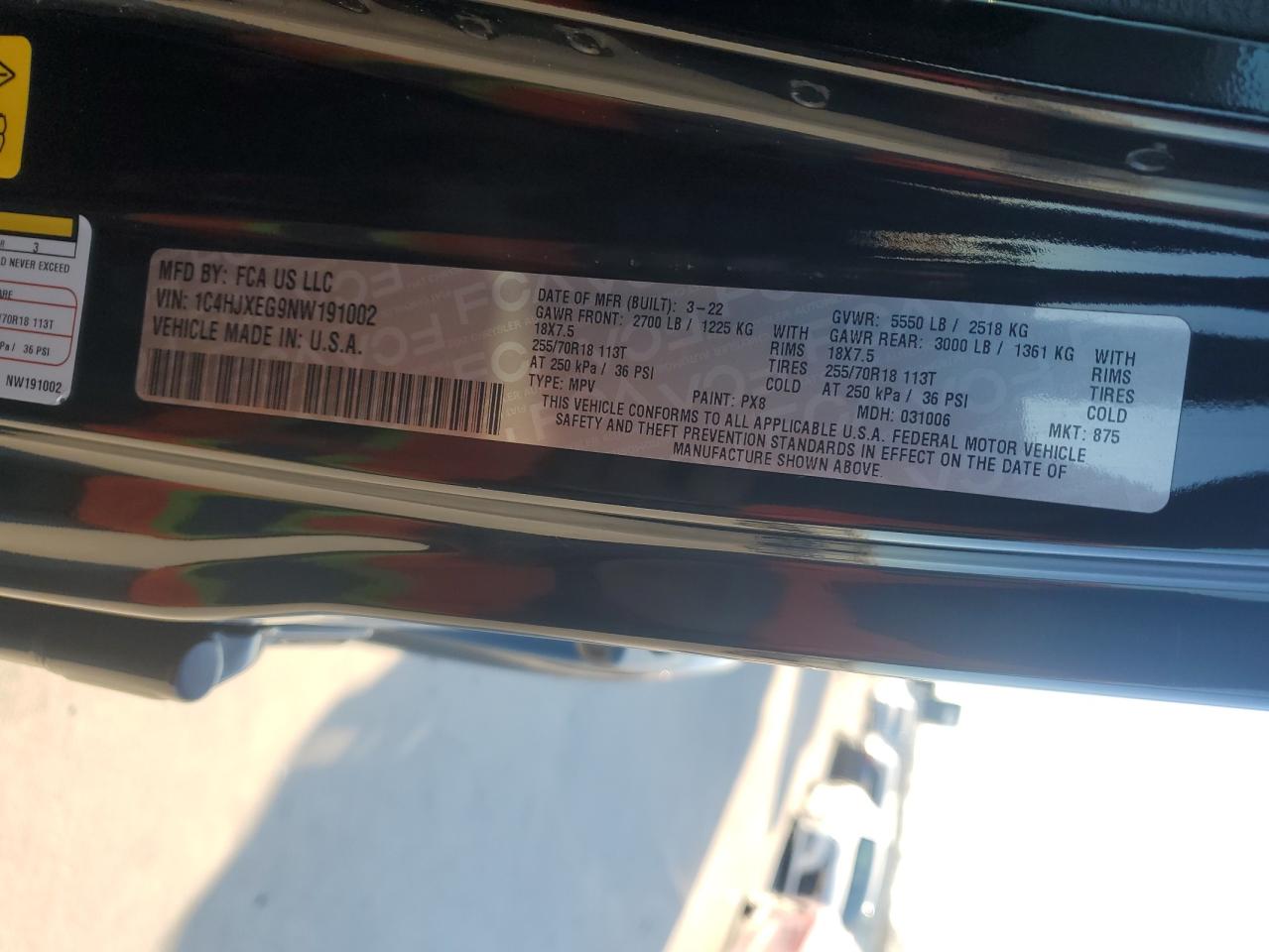 2022 JEEP WRANGLER UNLIMITED SAHARA VIN:1C4HJXEG9NW191002