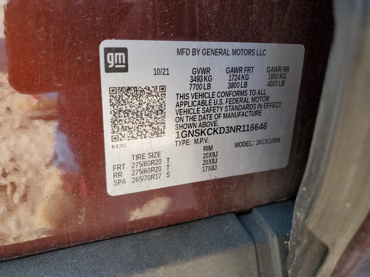 2022 CHEVROLET SUBURBAN K1500 LT VIN:1GNSKCKD3NR116646