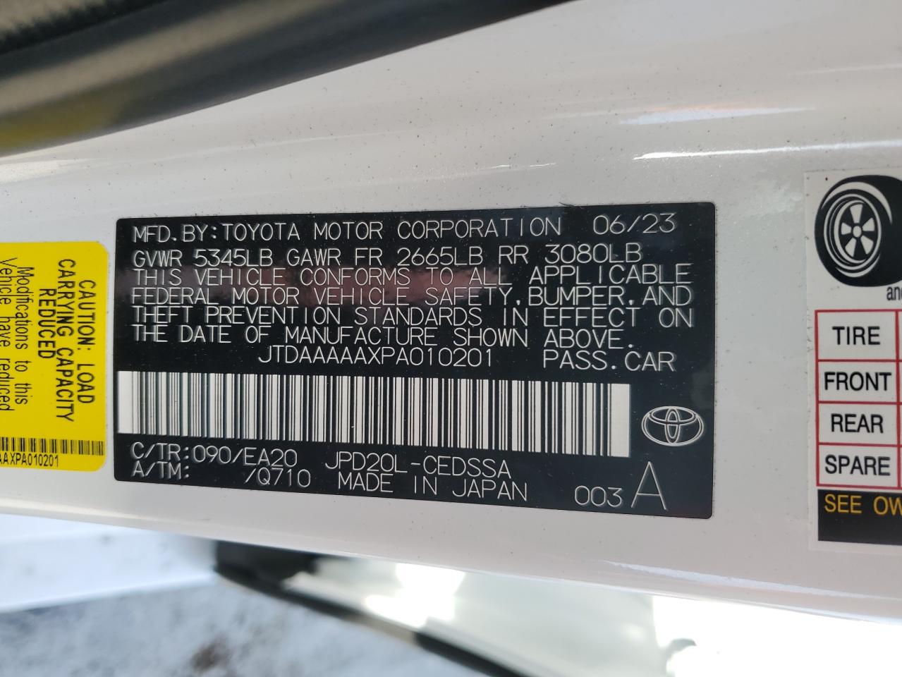 2023 TOYOTA MIRAI XLE VIN:JTDAAAAAXPA10201