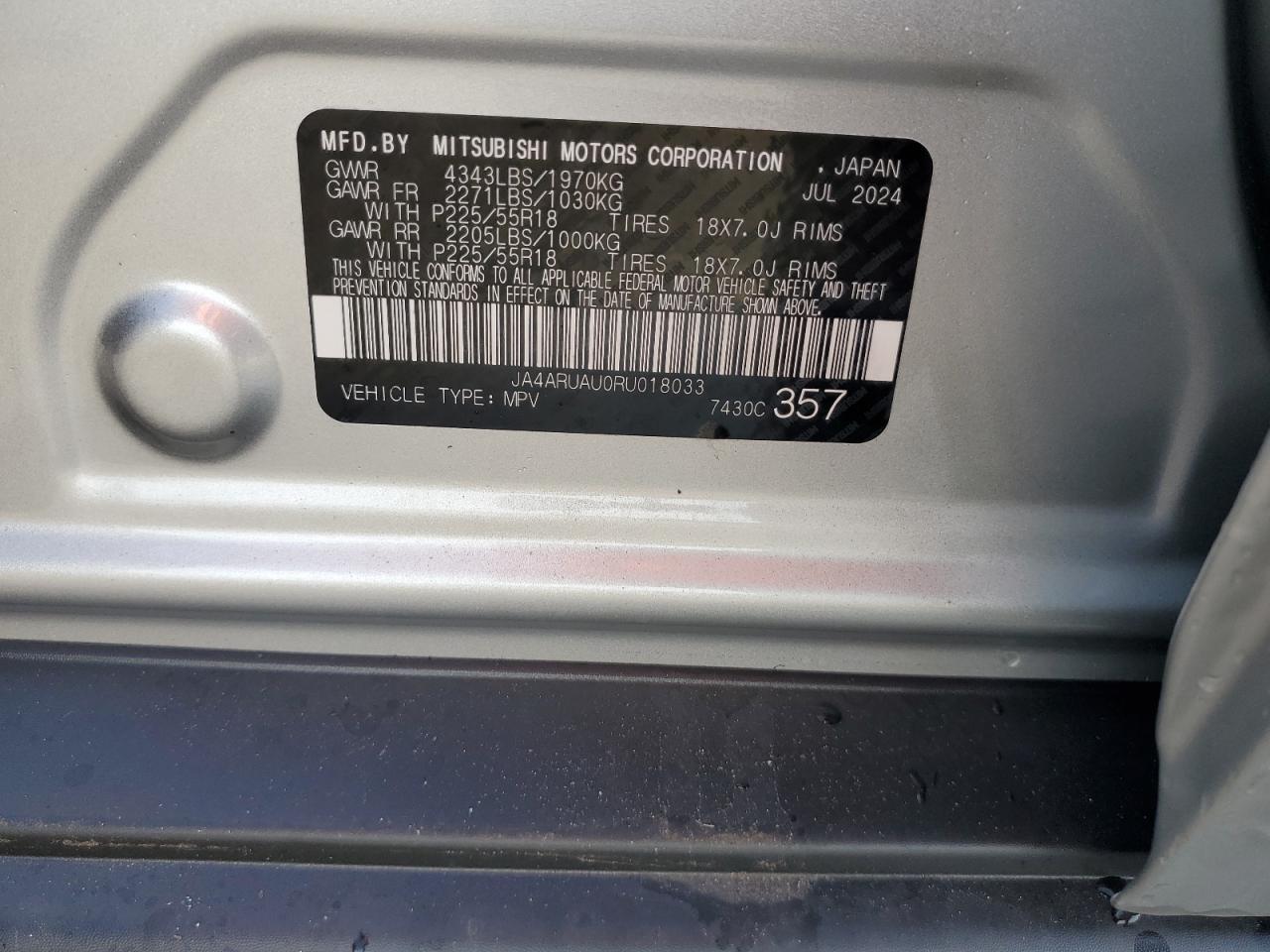 2024 MITSUBISHI OUTLANDER SPORT S/SE VIN:JA4ARUAU0RU018033